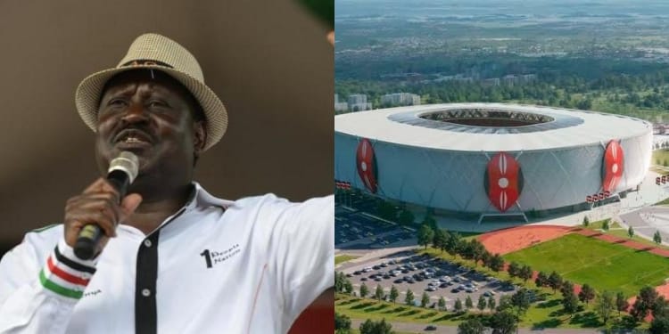 A photo collage of late Raila Odinga and Talanta Hela Stadium. PHOTO/UGC.