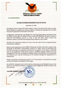Press Statement by Alliance Fleuve Congo (AFC/M23) Announcing a Unilateral Decision to Withdraw its Forces from the City of Uvira in Eastern Democratic Republic of Congo (DRC). PHOTO/ Alliance Fleuve Congo
