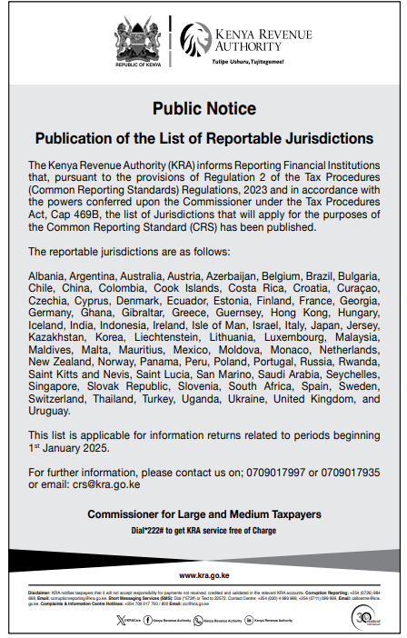 KRA lists reportable jurisdictions. PHOTO/KRA X