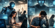 The image depicts a modern office where a professional lady and man work on their laptops and behind them stands a sleek humanoid AI robot