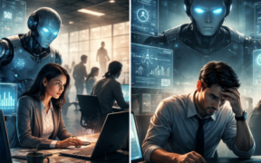 The image depicts a modern office where a professional lady and man work on their laptops and behind them stands a sleek humanoid AI robot