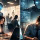 The image depicts a modern office where a professional lady and man work on their laptops and behind them stands a sleek humanoid AI robot