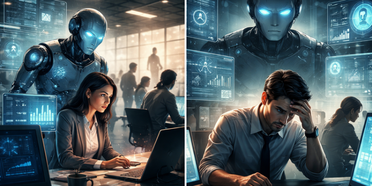 The image depicts a modern office where a professional lady and man work on their laptops and behind them stands a sleek humanoid AI robot