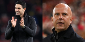 The image shows Arsenal Manager Mikel Arteta and Liverpool's Arne Slot