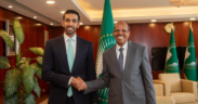 African Union Commission Chairperson Mahmoud Ali Youssouf And UAE Minister of State Sheikh Shakhboot bin Nahyan Al Nahyan. PHOTO/ File