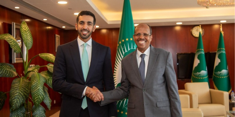 African Union Commission Chairperson Mahmoud Ali Youssouf And UAE Minister of State Sheikh Shakhboot bin Nahyan Al Nahyan. PHOTO/ File