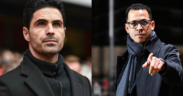 The image shows a collage photo of Chelsea manager Liam Rosenior and Arsenal's manager Mikel Arteta Image/ACC/X