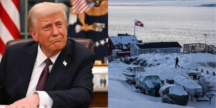 A Photo Collage of U.S President Donald Trump and A Section of Greenland Covered With Ice. PHOTO/ File