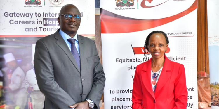 KUCCPS CEO Dr Agnes Wahome with an Utalii College Official at Utalii College. PHOTO/ File