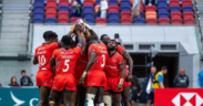 The image shows Kenya's Shujaa players in action during an international rugby match Image/KRU/X