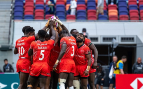 The image shows Kenya's Shujaa players in action during an international rugby match Image/KRU/X
