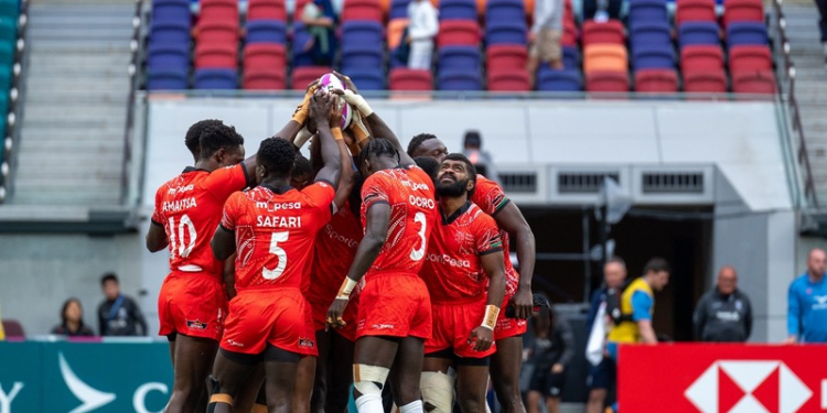 The image shows Kenya's Shujaa players in action during an international rugby match Image/KRU/X