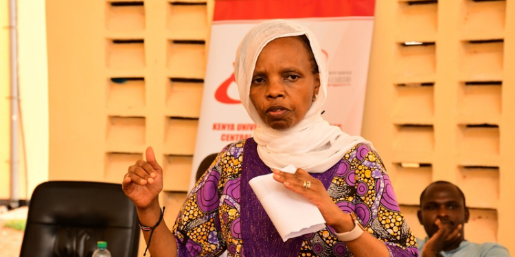Dr Agnes Wahome during sensitisation of youths and mobilization of applications for degree and TVET Courses at Wajir East Vocational College PHOTO/KUCCPS/X