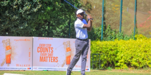 EABL General Manager, Spirits, Alvin Mbugua follows his shot during the Johnnie Walker sponsorship for Magical Kenya Open announcement. PHOTO/ EABL 