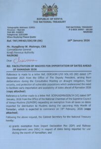 Notice by signed by the Cabinet Secretary for Treasury John Mbadi in the waiver. Photo/ CS Aden Duale/X