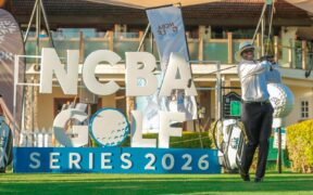NCBA Group MD John Gachora makes ceremonial tee off during the NCBA Golf Series Launch at Karen Country Club 1. PHOTO/Courtesy