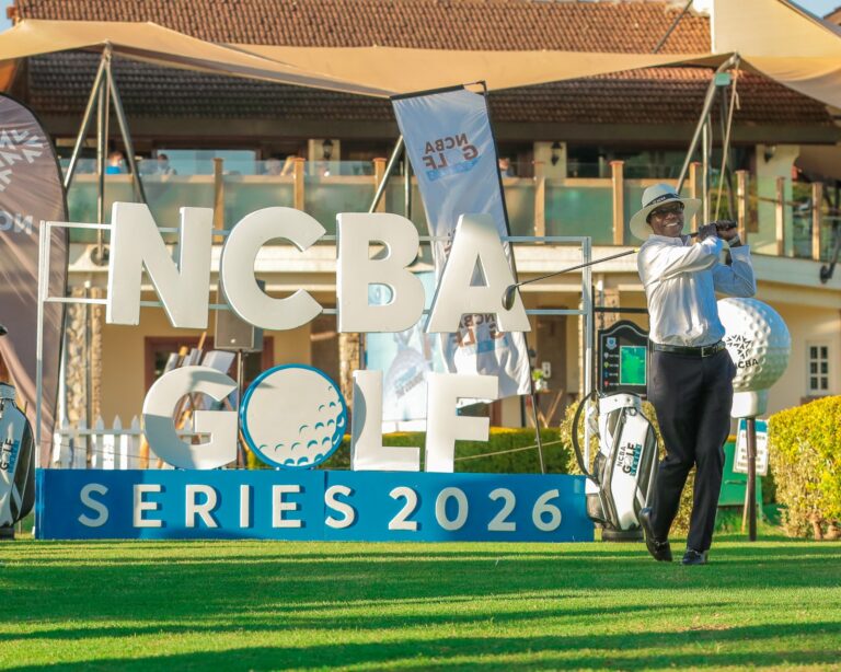 NCBA Group MD John Gachora makes ceremonial tee off during the NCBA Golf Series Launch at Karen Country Club 1. PHOTO/Courtesy