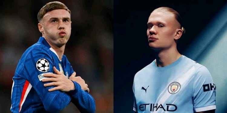 A photo collage of Cole Palmer and Eerling Halaand who will lead their team as Manchester City face Chelsea tonight. PHOTO