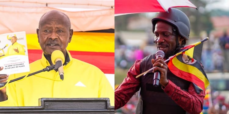A photo collage of President Yoweri Museveni of Uganda and opposition leader Bobi Wine