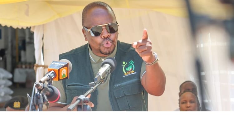 Agriculture and Livestock Development Cabinet Secretary Mutahi Kagwe addressing the media in Sagana, Kirinyaga county where he issued a one-month ultimatum to maize hoarders while emphasizing government's commitment to ensuring the country is food secure.