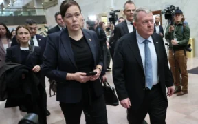 Greenland Minister of Foreign Affairs Vivian Motzfeldt (L) and Minister for Foreign Affairs of Denmark Lars Lokke Rasmussen arrive for a meeting with members of the Senate Arctic Caucus in the Hart Senate Office Building on Capitol Hill on January 14, 2026 (Photo by Win McNamee/Getty Images)