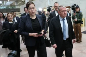 Greenland Minister of Foreign Affairs Vivian Motzfeldt (L) and Minister for Foreign Affairs of Denmark Lars Lokke Rasmussen arrive for a meeting with members of the Senate Arctic Caucus in the Hart Senate Office Building on Capitol Hill on January 14, 2026 (Photo by Win McNamee/Getty Images)
