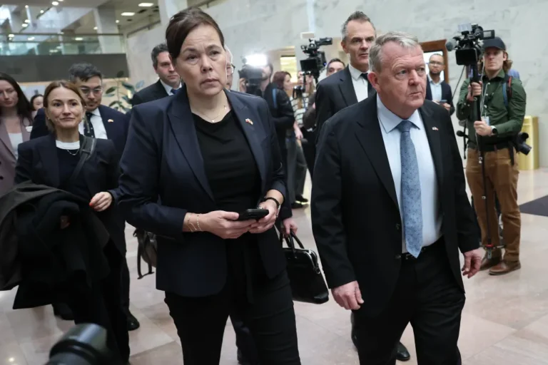 Greenland Minister of Foreign Affairs Vivian Motzfeldt (L) and Minister for Foreign Affairs of Denmark Lars Lokke Rasmussen arrive for a meeting with members of the Senate Arctic Caucus in the Hart Senate Office Building on Capitol Hill on January 14, 2026 (Photo by Win McNamee/Getty Images)