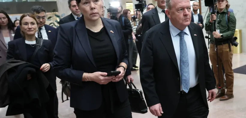Greenland Minister of Foreign Affairs Vivian Motzfeldt (L) and Minister for Foreign Affairs of Denmark Lars Lokke Rasmussen arrive for a meeting with members of the Senate Arctic Caucus in the Hart Senate Office Building on Capitol Hill on January 14, 2026 (Photo by Win McNamee/Getty Images)