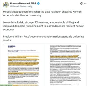 Kenya’s economic stabilisation ratings by Moody’s Global ratings agency. PHOTO/ Hussein Mohamed, MBS/X