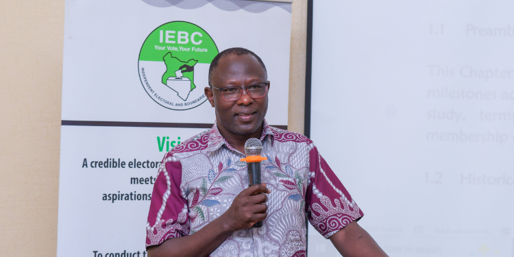 IEBC Chairperson Erastus Ethekon speaking during a validation and close-out workshop on IEBC HR instruments. PHOTO/IEBC X.