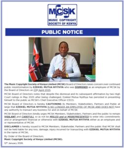 MCSK public notice on the dismissal of former boss Ezekiel Mutua dated January 12, 2026.