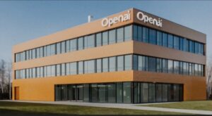 The image shows a building with the name OpenAI on it