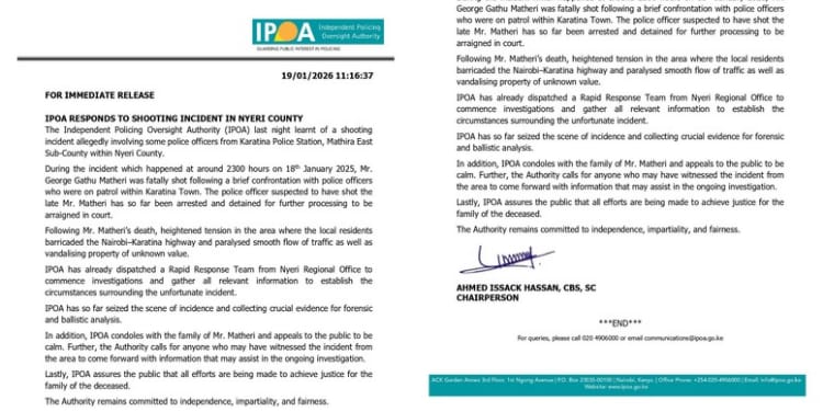 IPOA statement regarding the shooting incident in Karatina.