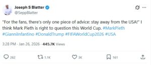 Former FIFA president Sepp Blatter X post on January 27, 2026. PHOTO/Screengrab by Hivileo