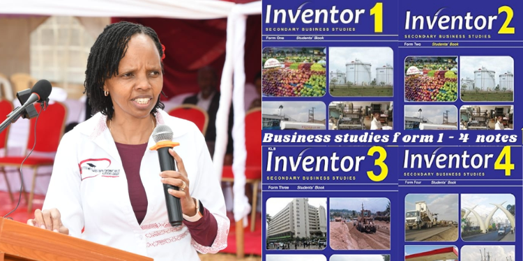 A photo collage of KUCCPS Chief Executive Officer Dr. Agnes Mercy Wahome and high school Business course books. PHOTO/KUCCPS/Courtesy.