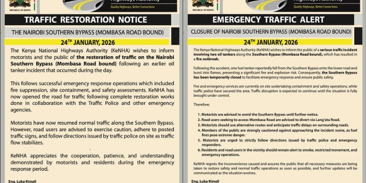 KeNHA statement regarding the oil tanker incident on the Nairobi Southern Bypass (Mombasa Road bound) that occurred on Saturday, January 24. PHOTO/KeNHA.