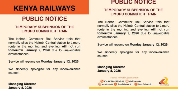 Kenya Railways has announced the suspension of Limuru commuter train