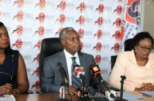 NCIC outgoing Chairperson Samuel Kobia (centre) addessing members of the press in Nairobi on Tuesday, March 28, 2023. PHOTO/(@NCIC_Kenya)/Twitter