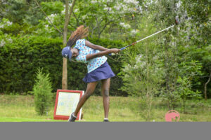 Overall Gross Lady Winner Cherono Kipkorir in action during Royal Nairobi Golf Club leg of the 2025 NCBA Golf Series. PHOTO/COURTESY