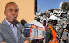 Photos of Kiambu Governo Kimani Wamatangi, demolished properties near Nyayo Stadium and a train