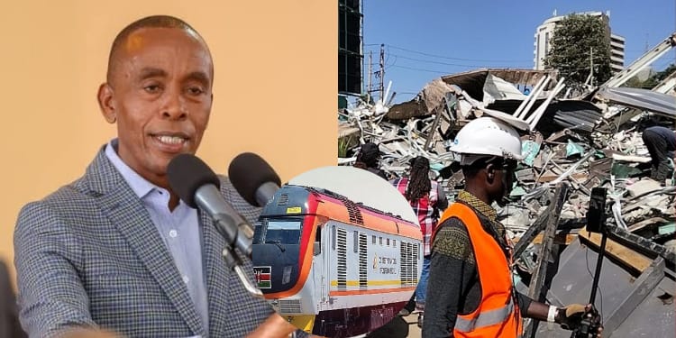 Photos of Kiambu Governo Kimani Wamatangi, demolished properties near Nyayo Stadium and a train
