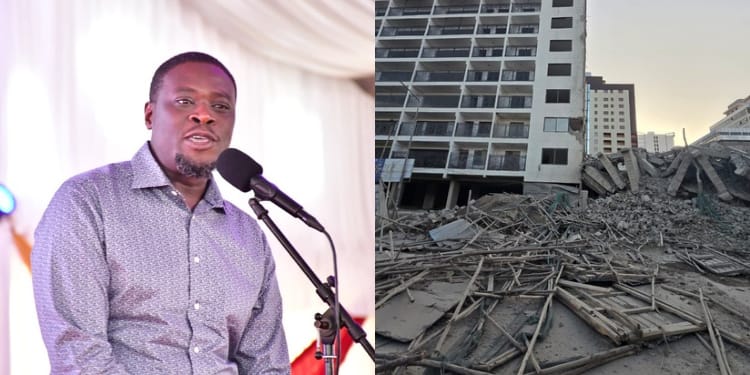 A photo collage of Nairobi Johnson Sakaja and the building that collapsed in South C. PHOTO/Sakaja X/Kenya Red Cross. Karen