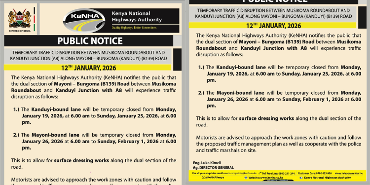 KeNHA advised motorists to approach the work zones with caution, follow the proposed traffic management plan, and cooperate with the police and traffic marshals on site. PHOTO/KeNHA.