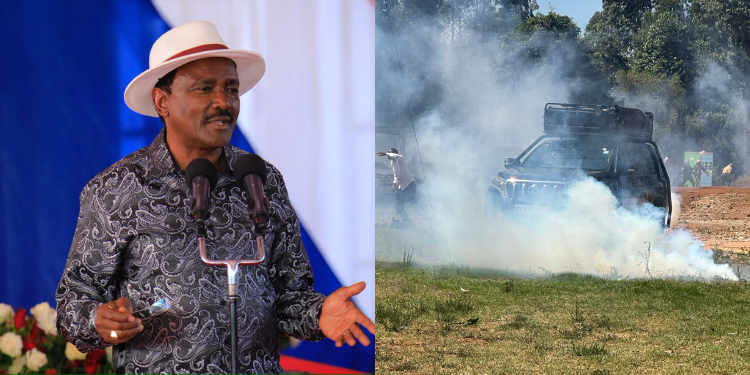 A photo collage showing Kalonzo Musyoka and teargas being thrown at a vehicle during Rigathi Gachagua church service in Othaya.