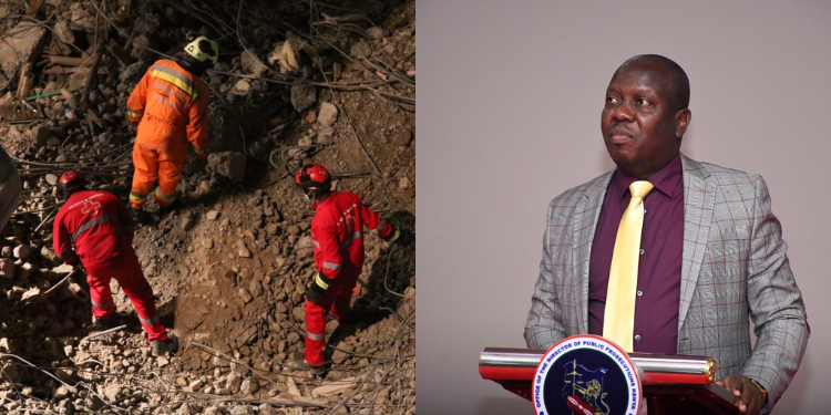 A photo collage of Director of Public Prosecutions (DPP) Renson Ingonga Mulele and the collapsed building in South C, Nairobi. PHOTO/DPP/Kenya Red Cross.
