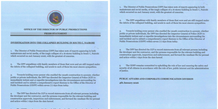 A statement from Director of Public Prosecutions (DPP) Renson Ingonga Mulele regarding the collapsed building in South C, Nairobi. PHOTO/DPP.