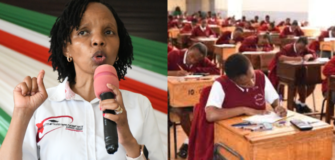 KUCCPS CEO Agnes Wahome and KCSE students. PHOTO/Courtesy.