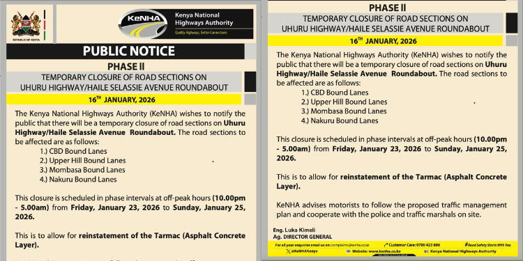 KeNHA has urged motorists to exercise patience and comply with traffic directions during the period. PHOTO/KeNHA.