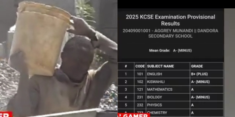 The image shows Aggrey Munandi who excelled in the 2025 KCSE and now works at a construction site Image/Citizen TV Screenshot