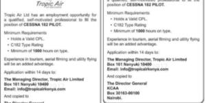 The image shows a notice posted by the Tropic Air advertising for a pilot job opportunity Image/Tropic Air/Daily Nation 